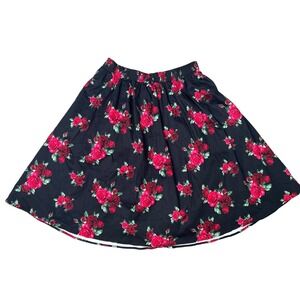 Vintage Style Black Floral Circle‎ Skirt with Red Roses Pattern Retro Y2K